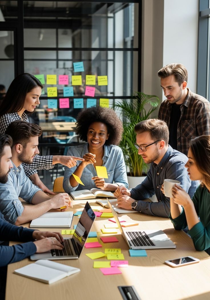 Equipe em reunião de trabalho com post-its, discutindo contratações e perfis de vaga
